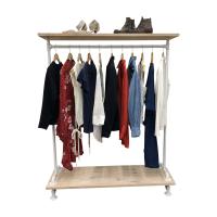 Waterpipe Clothes Rack With Rustic Timber Shelves - White