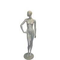Female Full Body Mannequin Abstract Head - Hand on Hip Pose She #2 on Glass Base - Gloss White Fibreglass
