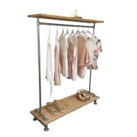 Waterpipe Clothes Rack With Rustic Timber Shelves - Silver